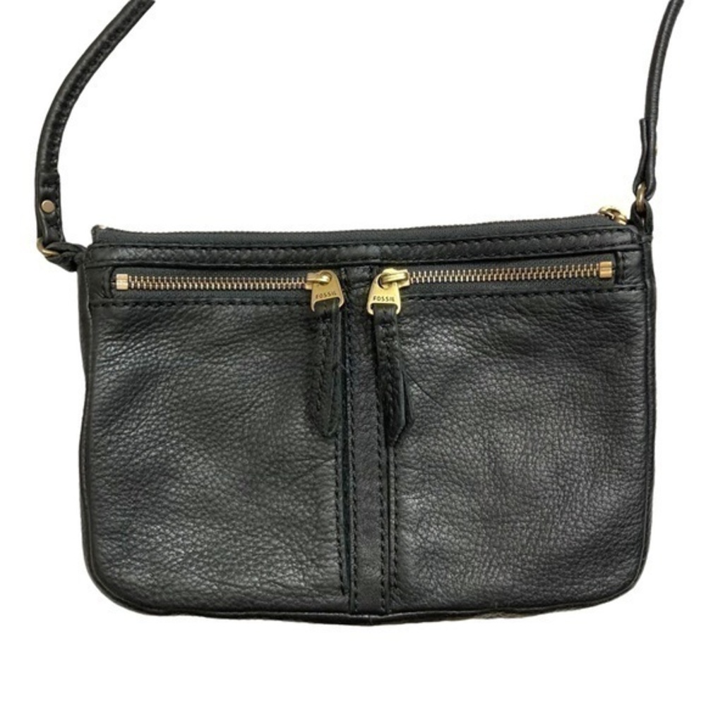 Fossil black leather double pocket crossbody bag